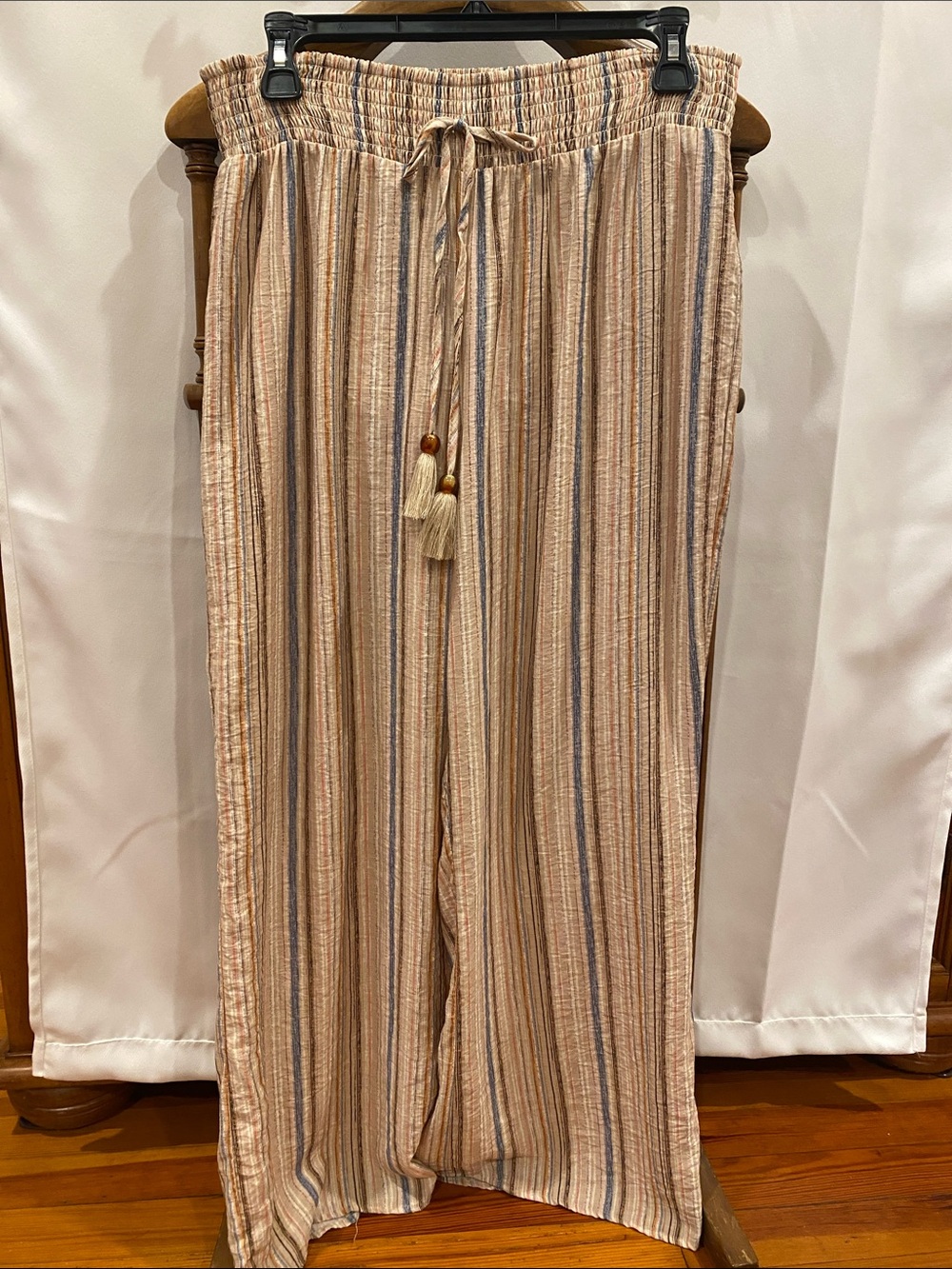 Women’s Casual Drawstring Linen-Blend Pants in Beige Stripe